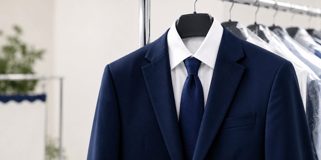 Navy suit dry cleaned and pressed on a hanger at Dry Clean Expo in Rockville MD